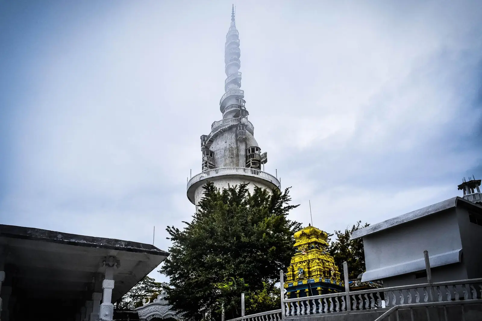Spiralling white Ambuluwawa Tower near Gampola, Sri Lanka