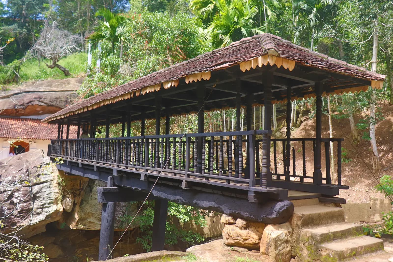 Roofed 16th-century Bogoda wooden bridge near Badulla, Sri Lanka