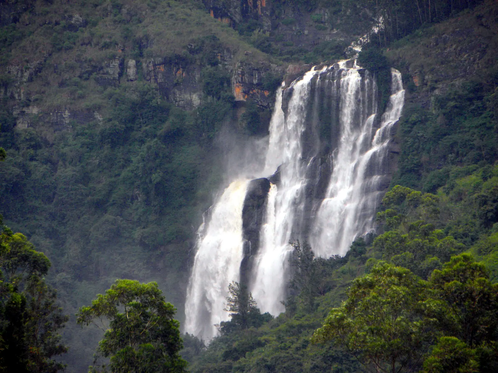 Wide braided cascades of Bomburu Ella Falls near Welimada, Sri Lanka