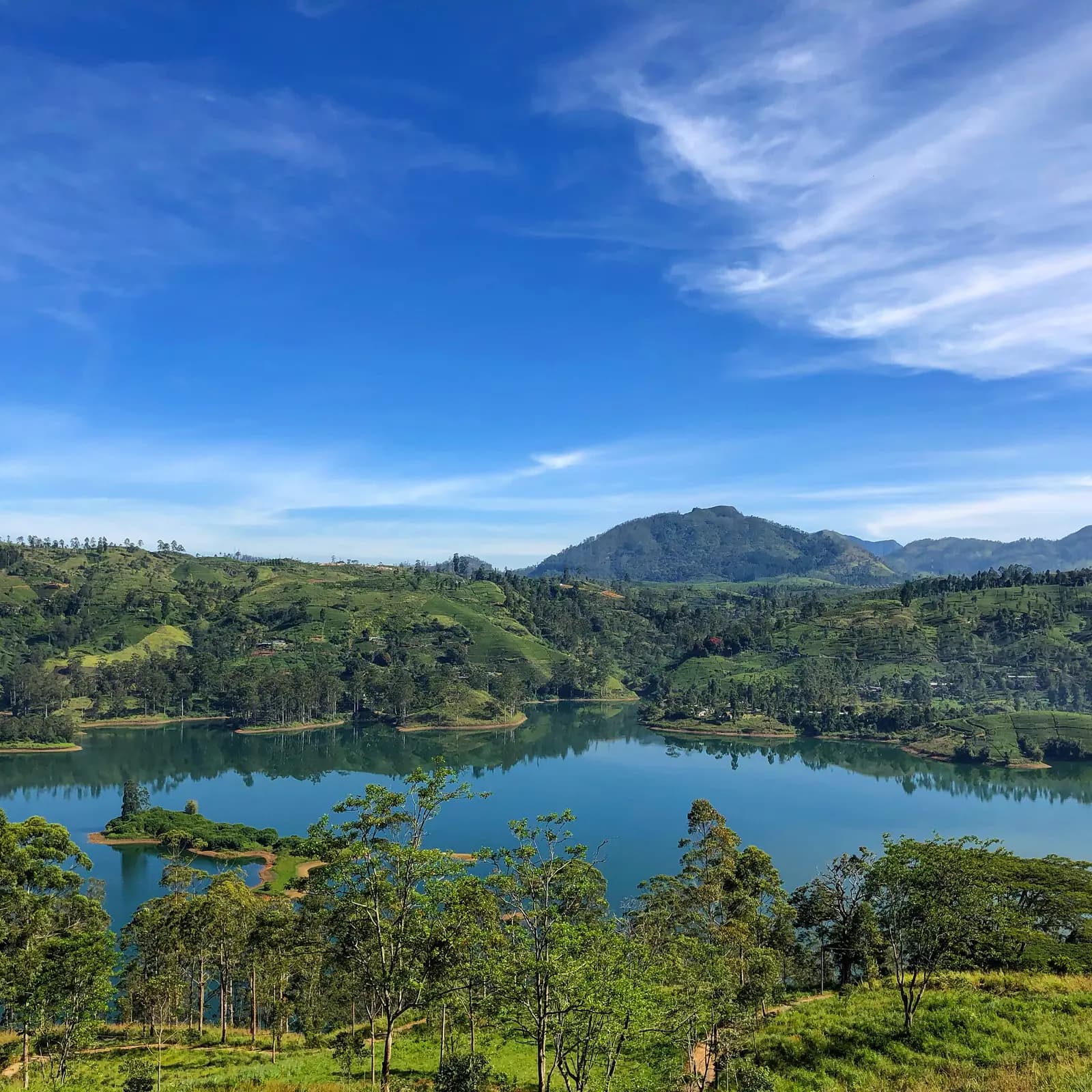 Castlereagh Reservoir among tea estates near Hatton, Sri Lanka