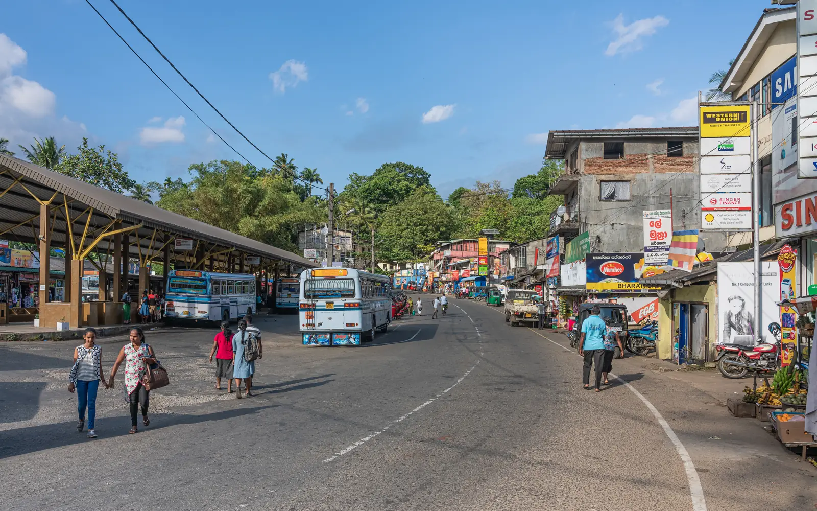 Main street of Deniyaya, southern gateway to Sinharaja, Sri Lanka