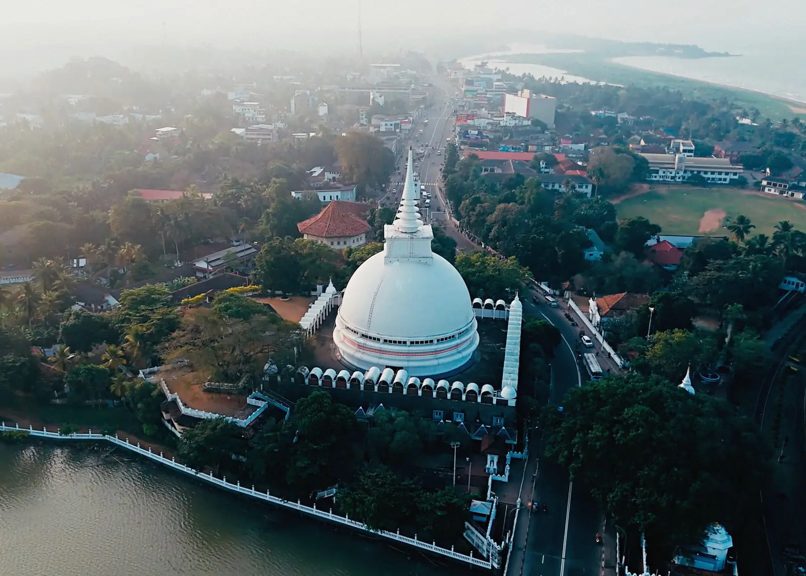 Aerial view of Kalutara city, river mouth and beach, Sri Lanka