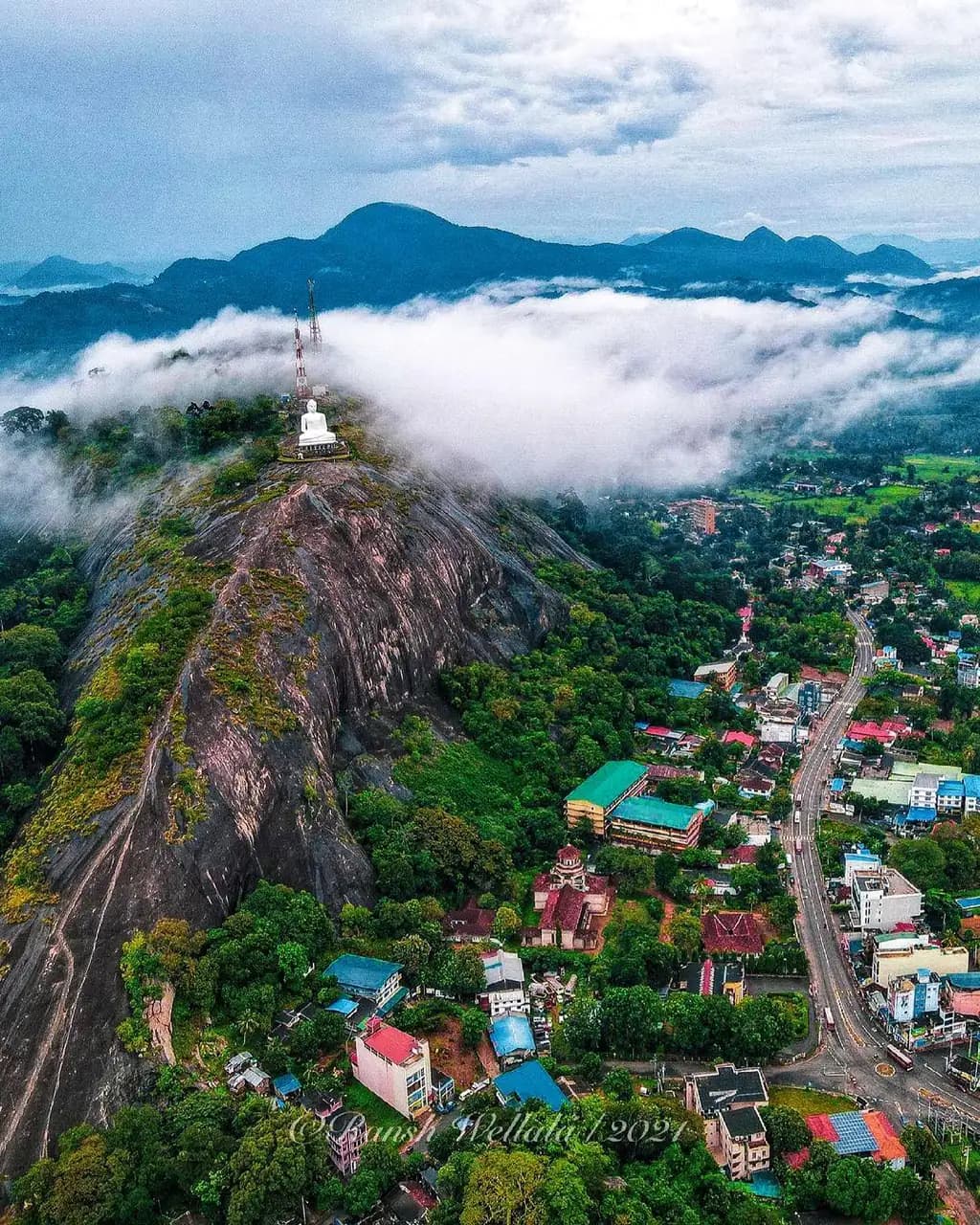 Aerial view of Kurunegala city beneath its rock outcrops, Sri Lanka