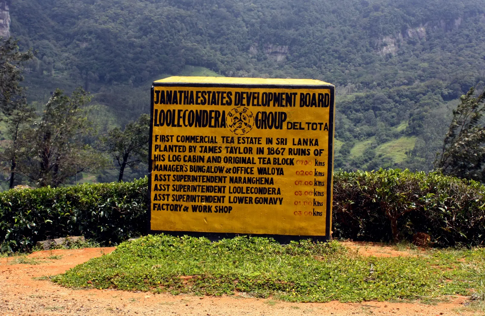 Nameboard of Loolecondera Estate, birthplace of Ceylon tea, Sri Lanka