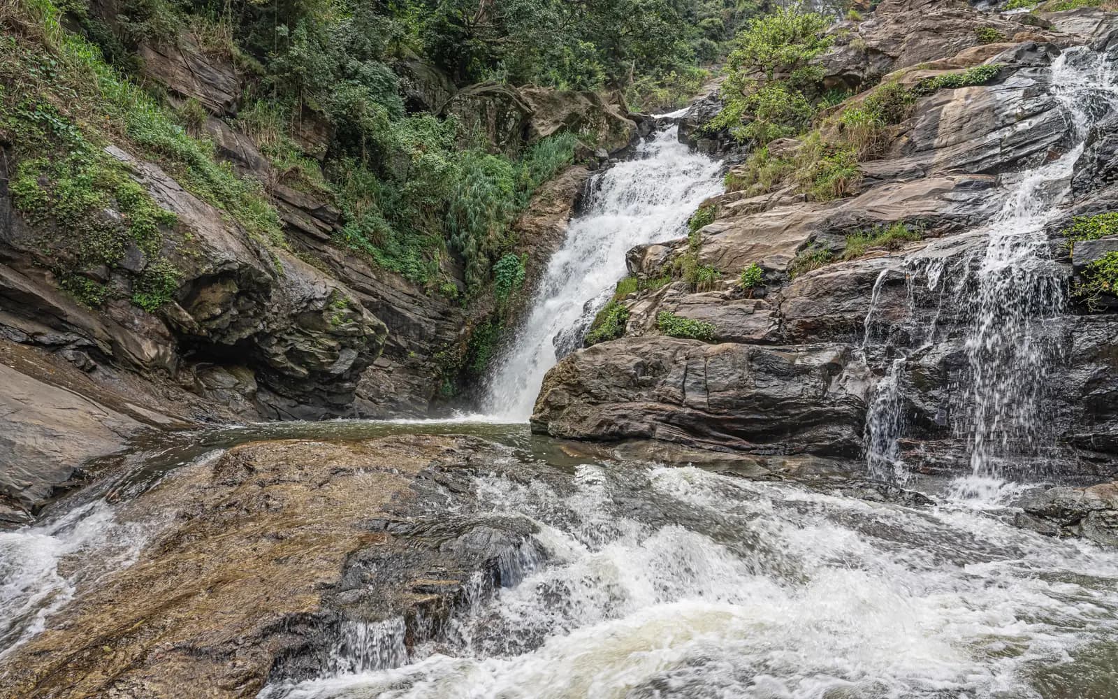 Ravana Falls waterfall cascading over rocks near Ella, Sri Lanka