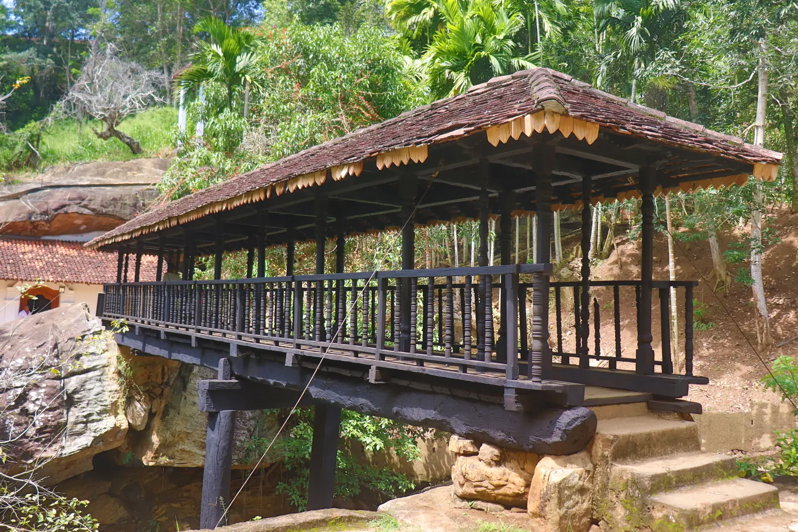 Roofed 16th-century Bogoda wooden bridge near Badulla, Sri Lanka