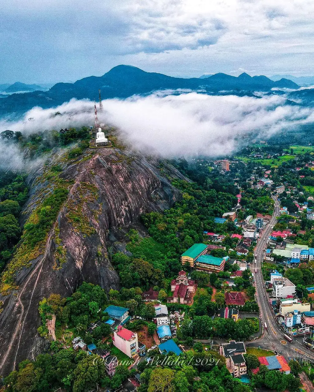 Aerial view of Kurunegala city beneath its rock outcrops, Sri Lanka